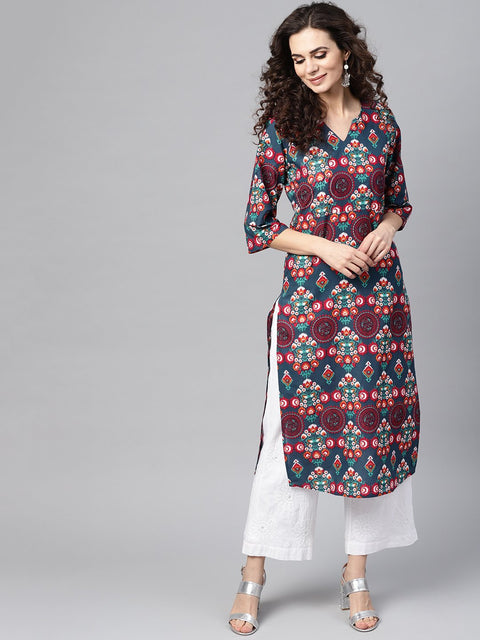 Turquoise Multi-colored Staright kurta with round Neck V slit & 3/4 sleeves