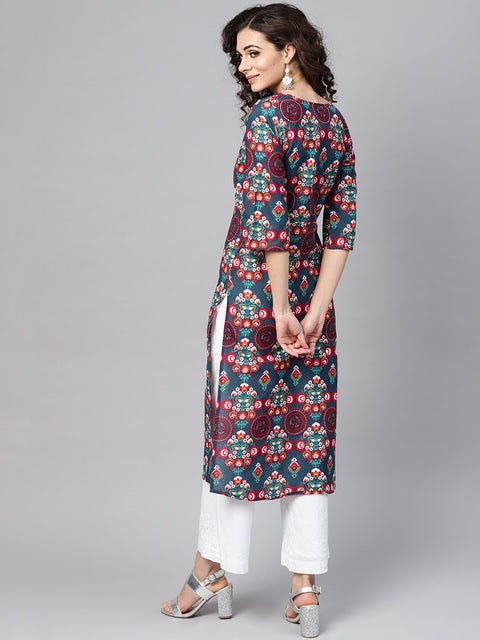 Turquoise Multi-colored Staright kurta with round Neck V slit & 3/4 sleeves