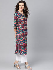 Turquoise Multi-colored Staright kurta with round Neck V slit & 3/4 sleeves