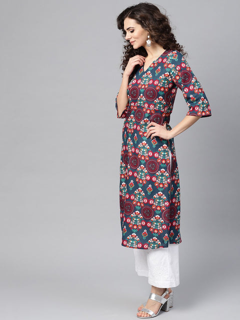 Turquoise Multi-colored Staright kurta with round Neck V slit & 3/4 sleeves