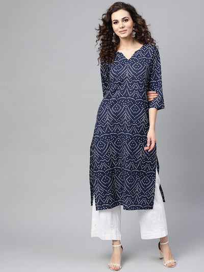 Nayo Navy Blue Bandhani Straight Kurta Round Neck V slit & 3/4 sleeves