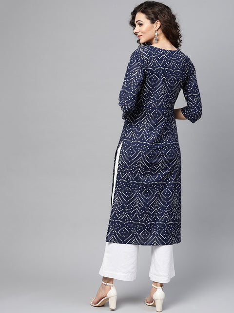 Nayo Navy Blue Bandhani Straight Kurta Round Neck V slit & 3/4 sleeves