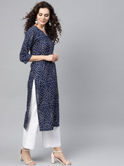 Nayo Navy Blue Bandhani Straight Kurta Round Neck V slit & 3/4 sleeves