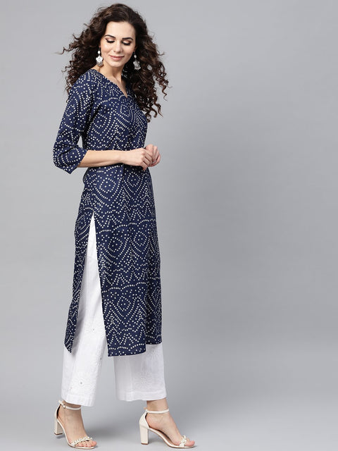 Nayo Navy Blue Bandhani Straight Kurta Round Neck V slit & 3/4 sleeves