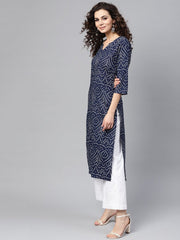 Nayo Navy Blue Bandhani Straight Kurta Round Neck V slit & 3/4 sleeves