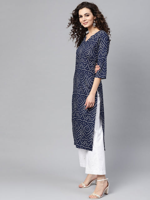 Nayo Navy Blue Bandhani Straight Kurta Round Neck V slit & 3/4 sleeves