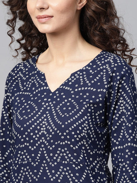 Nayo Navy Blue Bandhani Straight Kurta Round Neck V slit & 3/4 sleeves