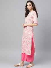 Nayo White printed Floral Straight Kurta Set with Solid pink pants