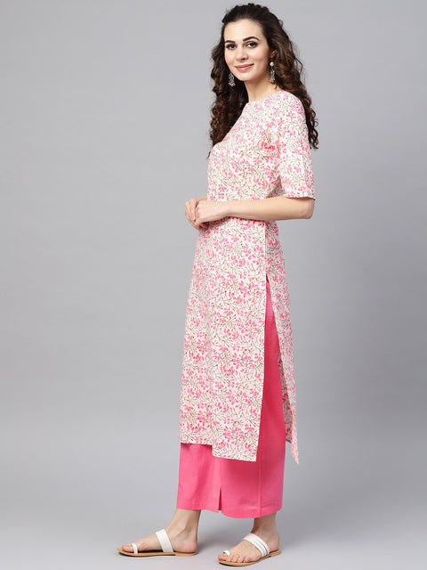 Nayo White printed Floral Straight Kurta Set with Solid pink pants