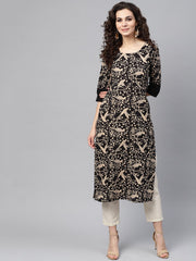 Black & beige Printed Straight kurta with Round Neck & Solid Black Cuff detailing