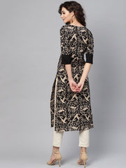 Black & beige Printed Straight kurta with Round Neck & Solid Black Cuff detailing
