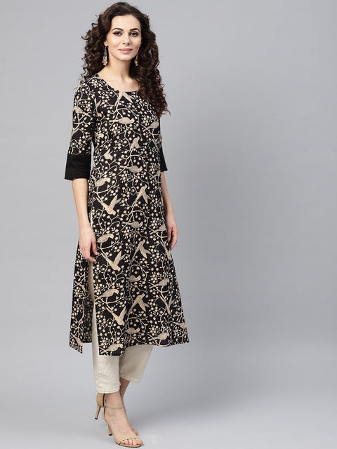 Black & beige Printed Straight kurta with Round Neck & Solid Black Cuff detailing