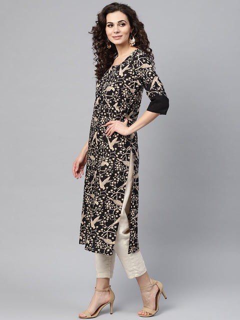 Black & beige Printed Straight kurta with Round Neck & Solid Black Cuff detailing