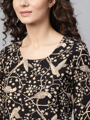 Black & beige Printed Straight kurta with Round Neck & Solid Black Cuff detailing