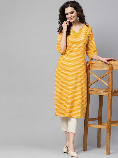 Yellow printed Straight kurta with Round neck V slit & 3/4 sleeves