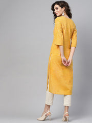 Yellow printed Straight kurta with Round neck V slit & 3/4 sleeves