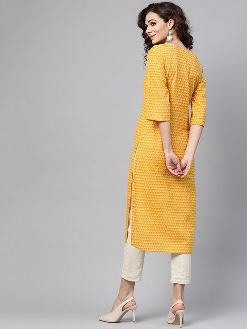 Yellow printed Straight kurta with Round neck V slit & 3/4 sleeves