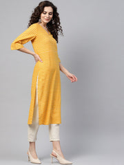 Yellow printed Straight kurta with Round neck V slit & 3/4 sleeves