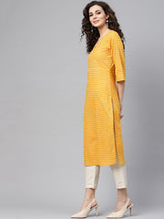 Yellow printed Straight kurta with Round neck V slit & 3/4 sleeves