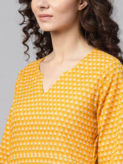 Yellow printed Straight kurta with Round neck V slit & 3/4 sleeves