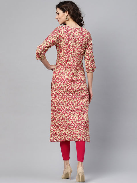 Nayo Rani Pink & beige Straight kurta with Round neck v slit & 3/4 sleeves