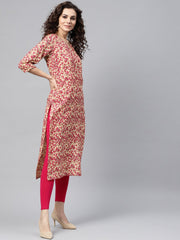 Nayo Rani Pink & beige Straight kurta with Round neck v slit & 3/4 sleeves