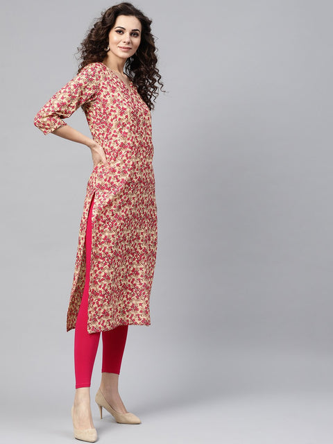 Nayo Rani Pink & beige Straight kurta with Round neck v slit & 3/4 sleeves
