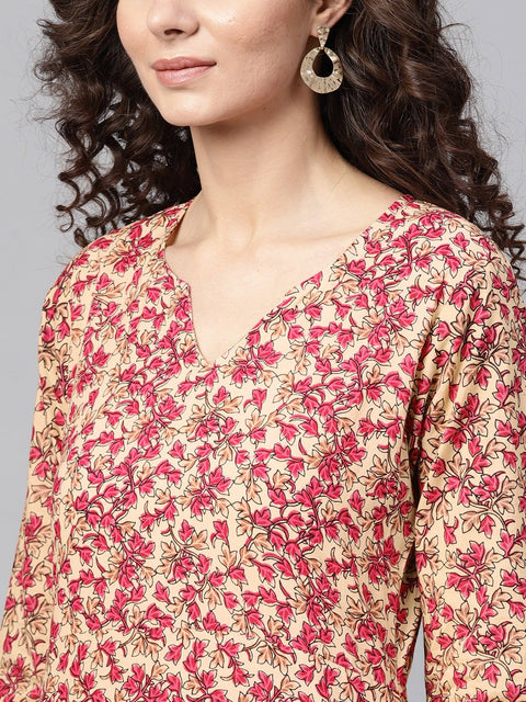 Nayo Rani Pink & beige Straight kurta with Round neck v slit & 3/4 sleeves