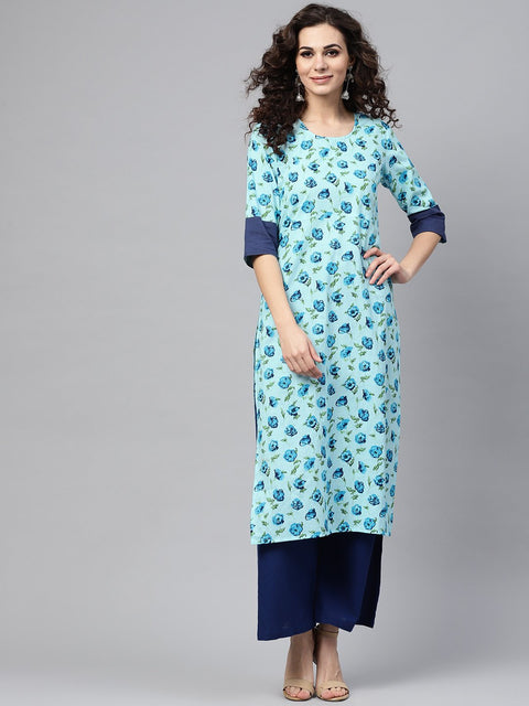 Nayo Light Blue Printed Straight kurta with Round Neck & Solid Cuff Detailing