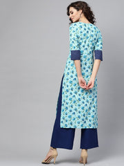 Nayo Light Blue Printed Straight kurta with Round Neck & Solid Cuff Detailing