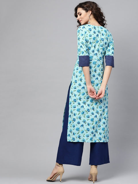 Nayo Light Blue Printed Straight kurta with Round Neck & Solid Cuff Detailing