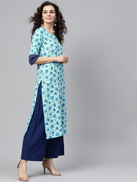 Nayo Light Blue Printed Straight kurta with Round Neck & Solid Cuff Detailing