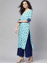 Nayo Light Blue Printed Straight kurta with Round Neck & Solid Cuff Detailing