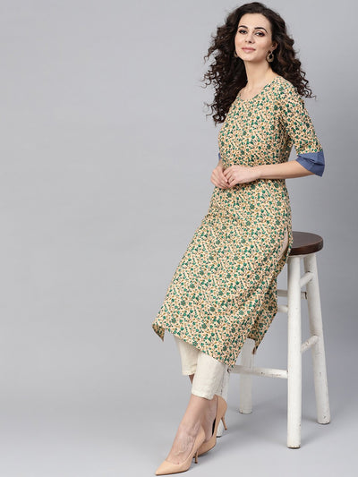 Nayo Beige Multi-Colored Straight Kurta with Round Neck with Solid Blue Cuff detailing
