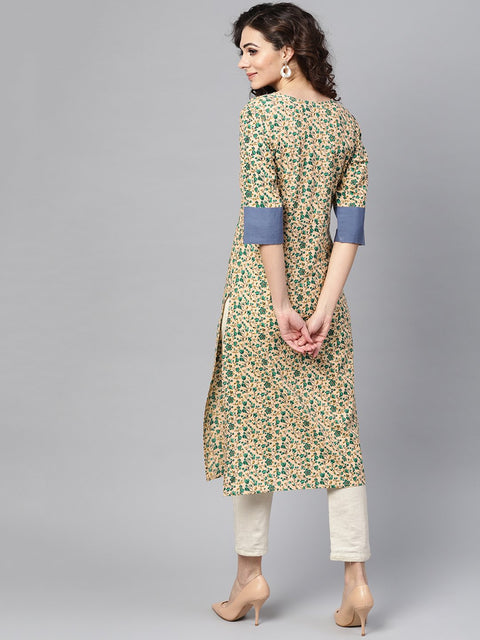 Nayo Beige Multi-Colored Straight Kurta with Round Neck with Solid Blue Cuff detailing