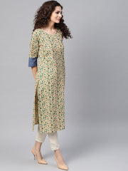 Nayo Beige Multi-Colored Straight Kurta with Round Neck with Solid Blue Cuff detailing