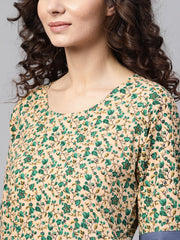 Nayo Beige Multi-Colored Straight Kurta with Round Neck with Solid Blue Cuff detailing