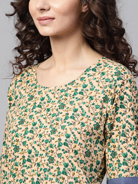 Nayo Beige Multi-Colored Straight Kurta with Round Neck with Solid Blue Cuff detailing