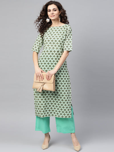 Nayo Light green Multi printed Straight kurta set with Solid Green Pants
