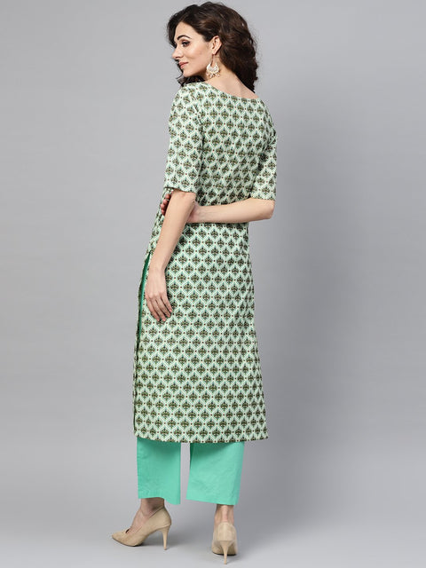 Nayo Light green Multi printed Straight kurta set with Solid Green Pants