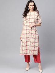 Nayo White Checked Printed staright Kurta set with Solid red Pants