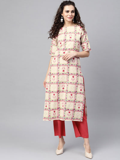 Nayo White Checked Printed staright Kurta set with Solid red Pants