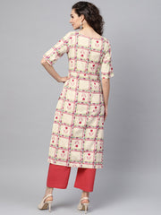 Nayo White Checked Printed staright Kurta set with Solid red Pants