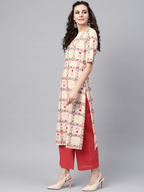 Nayo White Checked Printed staright Kurta set with Solid red Pants
