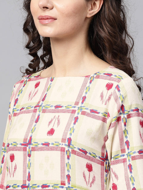 Nayo White Checked Printed staright Kurta set with Solid red Pants