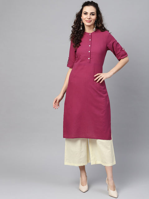 Nayo Solid Burgundy Straight Kurta set With Cream Culottes