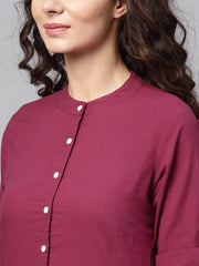 Nayo Solid Burgundy Straight Kurta set With Cream Culottes