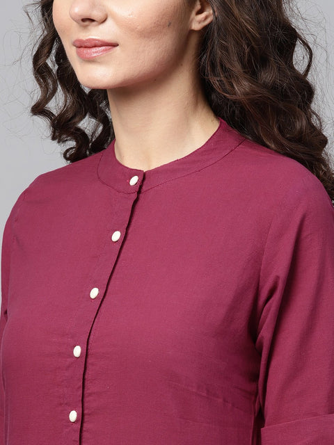 Nayo Solid Burgundy Straight Kurta set With Cream Culottes