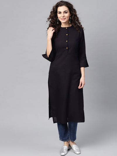 Nayo Navy Blue Straight Kurta with Mandarin Collar & Front Placket