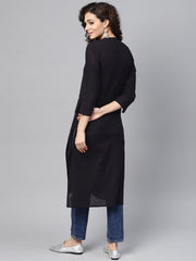 Nayo Navy Blue Straight Kurta with Mandarin Collar & Front Placket